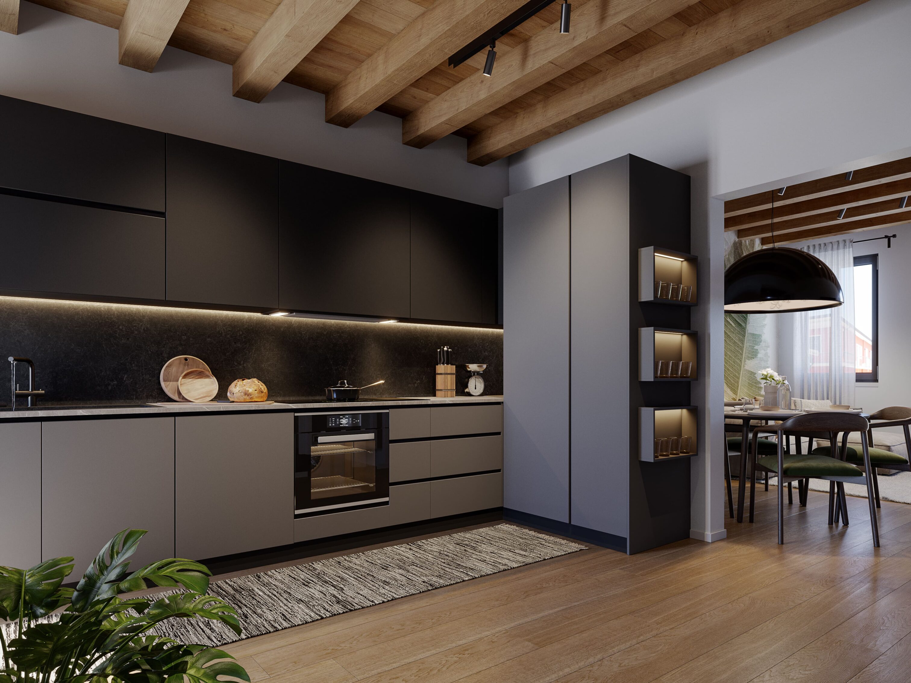 Render cucina luminosa in un progetto di ristrutturazione