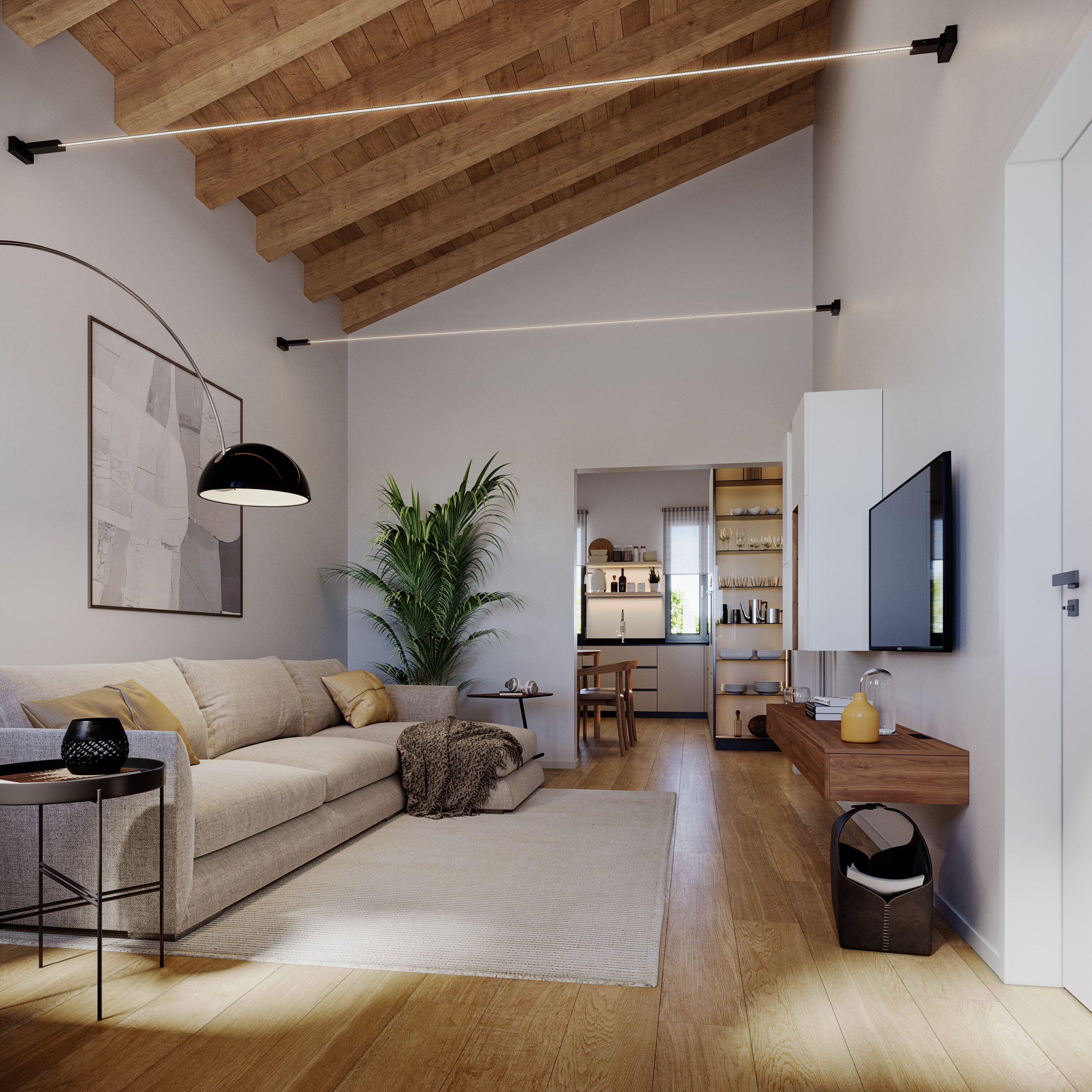 Dettaglio render zona living in ristrutturazione