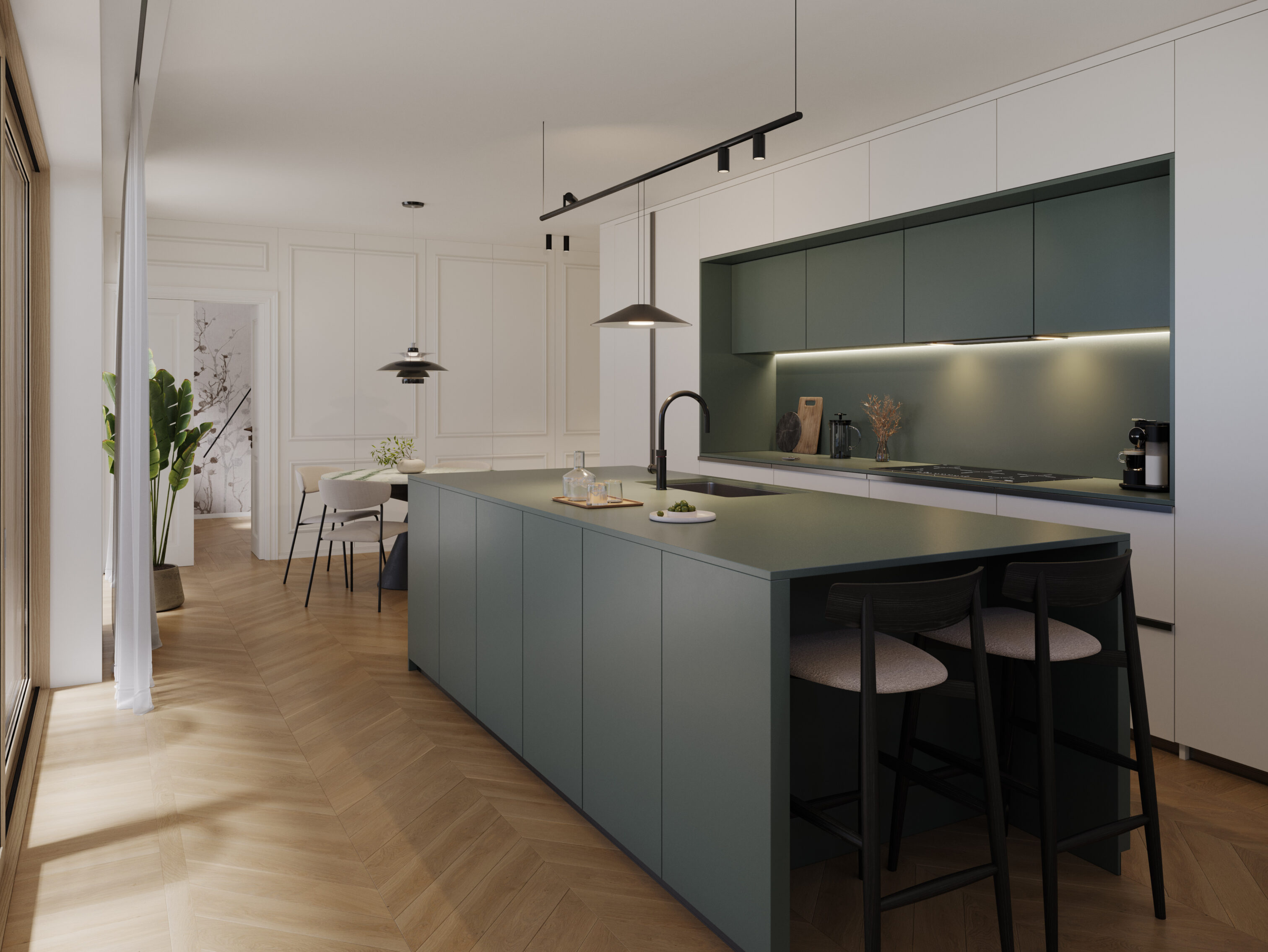 render cucina verde su misura progetto di interior design 2979 Studio